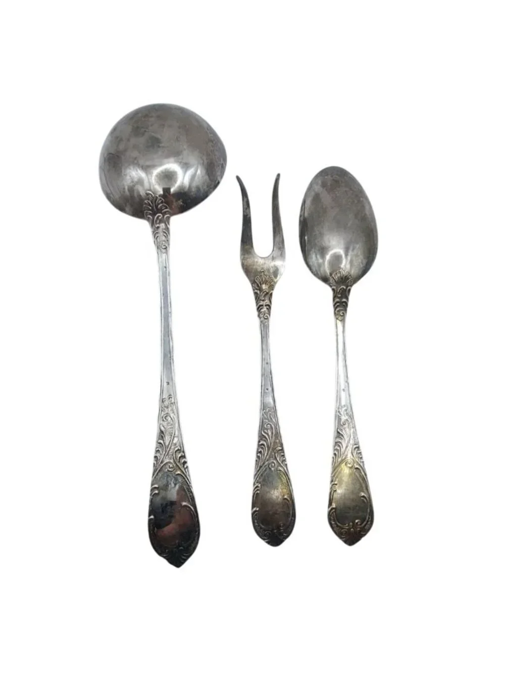 Silver Plated Serving Set of 3 Ornate Scrollwork Ladle Spoon Fork Vintage Formal